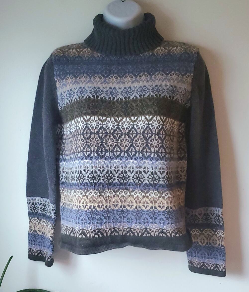 Marsh Landing Blue Turtleneck Fair Isle Sweater Womens Size Small Boho Coastal
